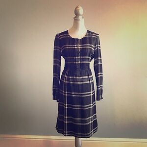 Burberry Black and White Plaid Long Sleeve Dress